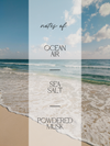 A beach scene with ocean waves, sand, blue sky, and a translucent vertical overlay containing the text 'notes of: OCEAN AIR SEA SALT POWDERED MUSK'.